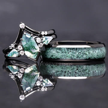 Matching black couples ring set: kite-cut moss agate bridal set leaning on a 6mm moss agate tungsten band