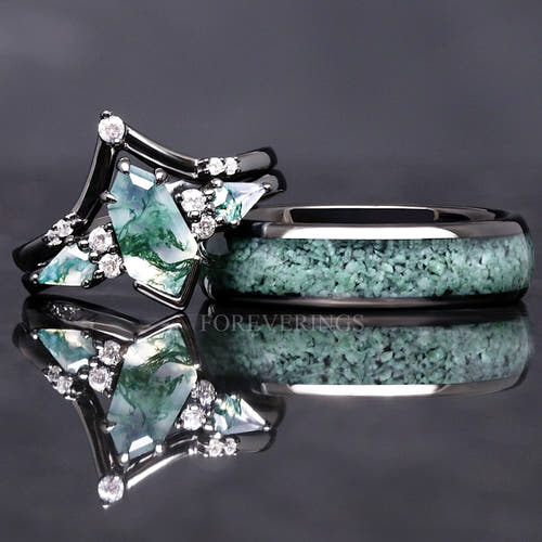 Matching black couples ring set: kite-cut moss agate bridal set leaning on a 6mm moss agate tungsten band