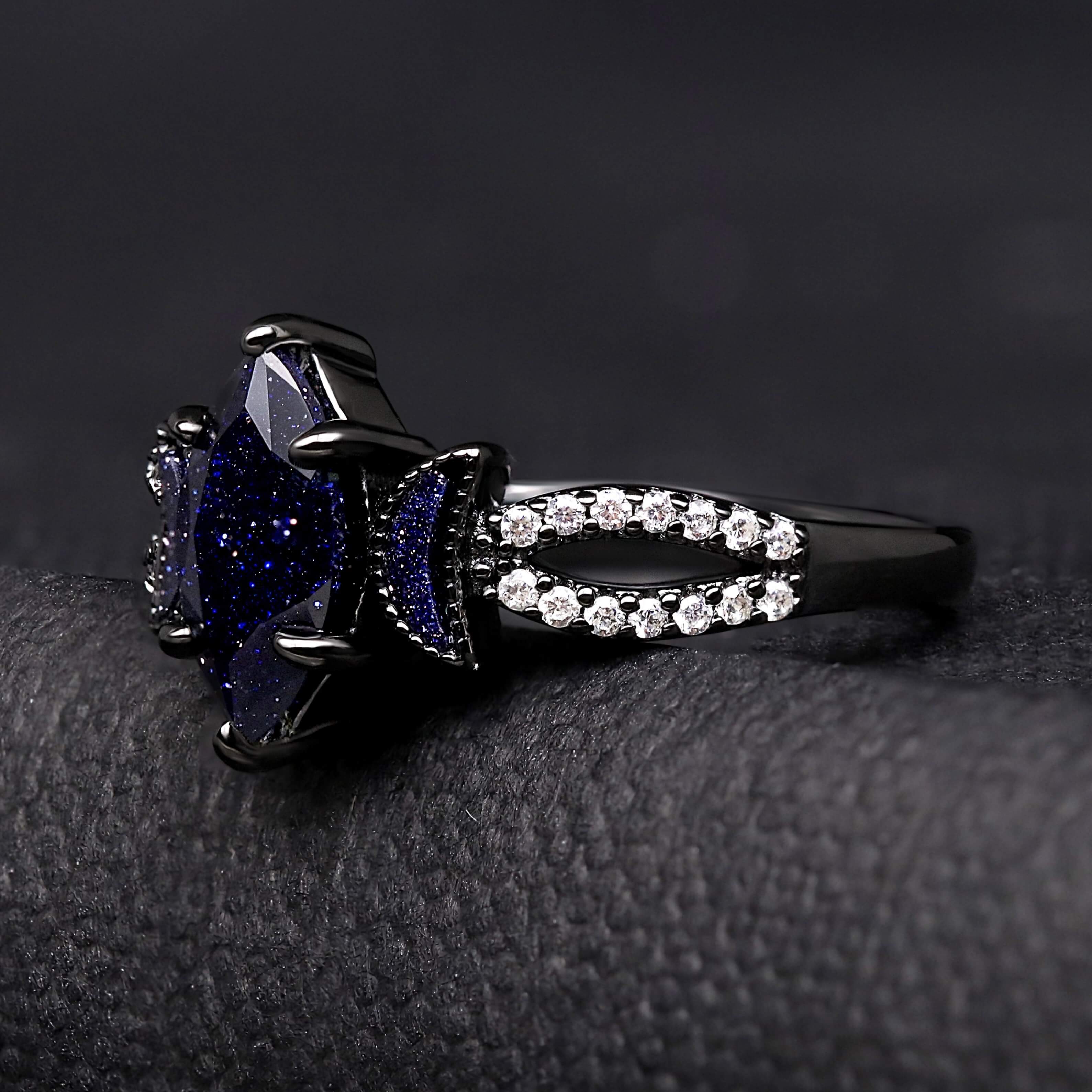 Lunara Celestial Couples Ring Set | Black Tungsten & Sterling Silver with Marquise Sandstone