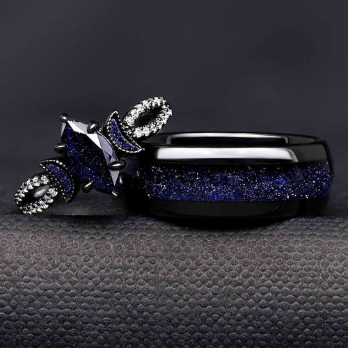 Matching black couples ring set with blue sandstone, marquise crescent moon ring and 8mm tungsten band