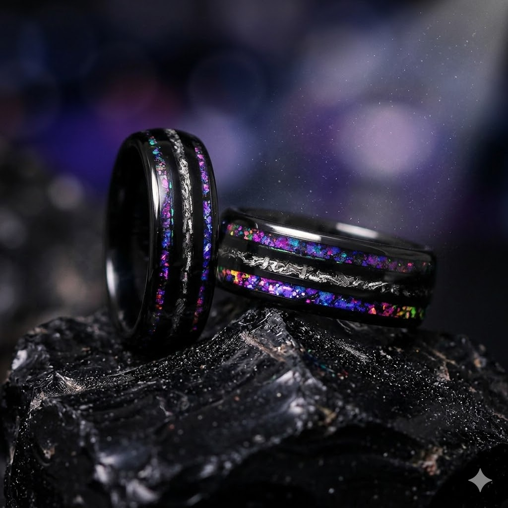 Cosmic meteorite men’s ring, black Orion nebula unique wedding band