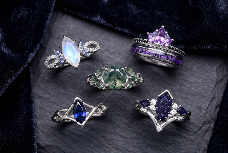 Fantasy engagement rings for women with moonstone, moss agate, amethyst, sapphire and blue sandstone stones