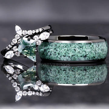 Matching black couples ring set: wide tungsten moss agate ring beside a moss agate bridal set with white side stones