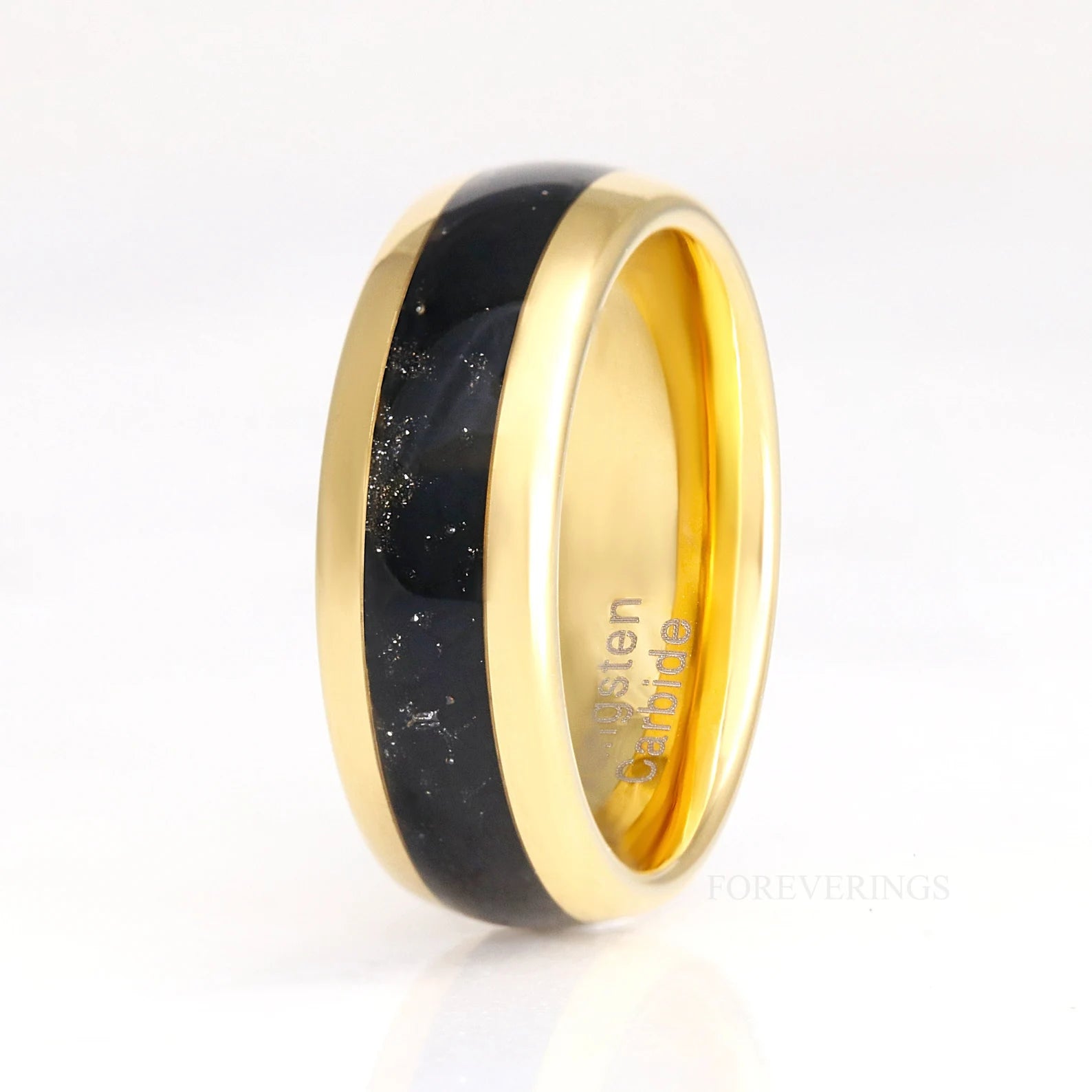 Gold Onyx Wedding Band Set, Couples Black Onyx Wedding Ring, 8mm & 4mm Gold Plated Ring Set, Polish, Dome, Comfort Fit