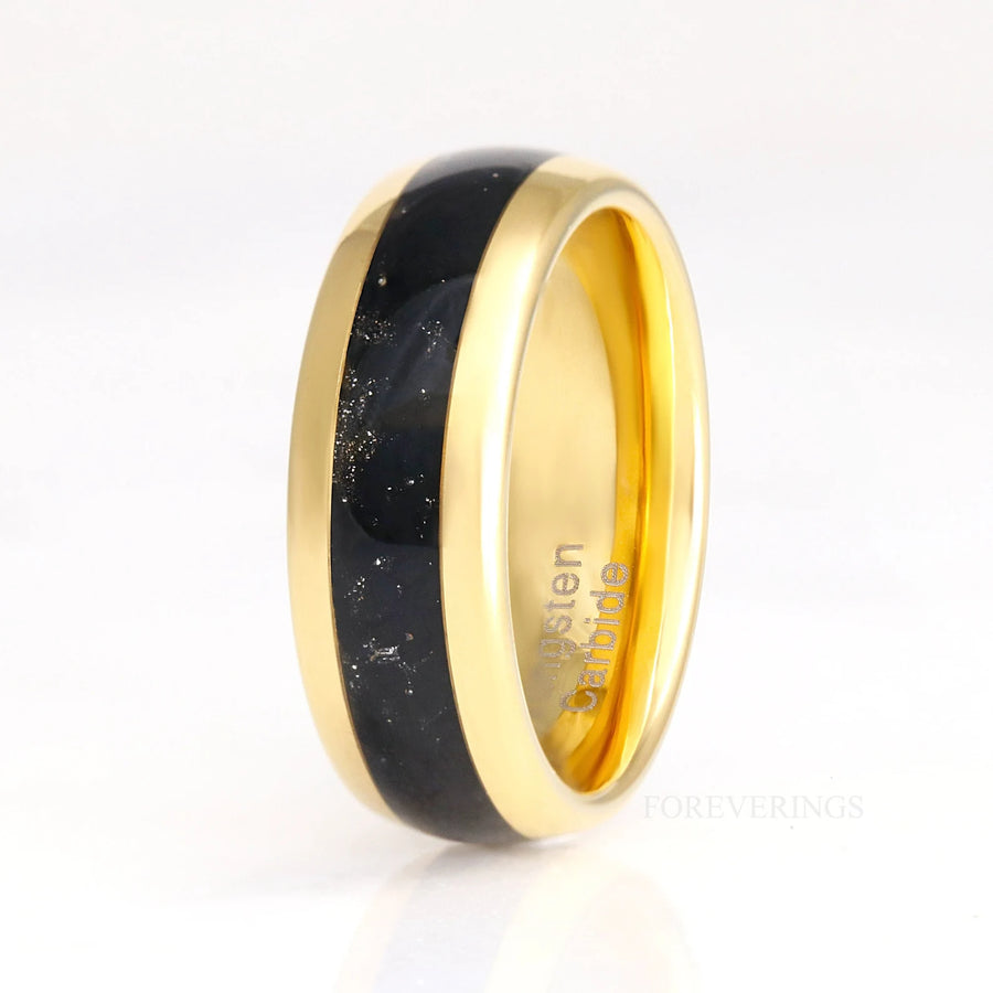 Gold Onyx Wedding Band Set, Couples Black Onyx Wedding Ring, 8mm & 4mm Gold Plated Ring Set, Polish, Dome, Comfort Fit