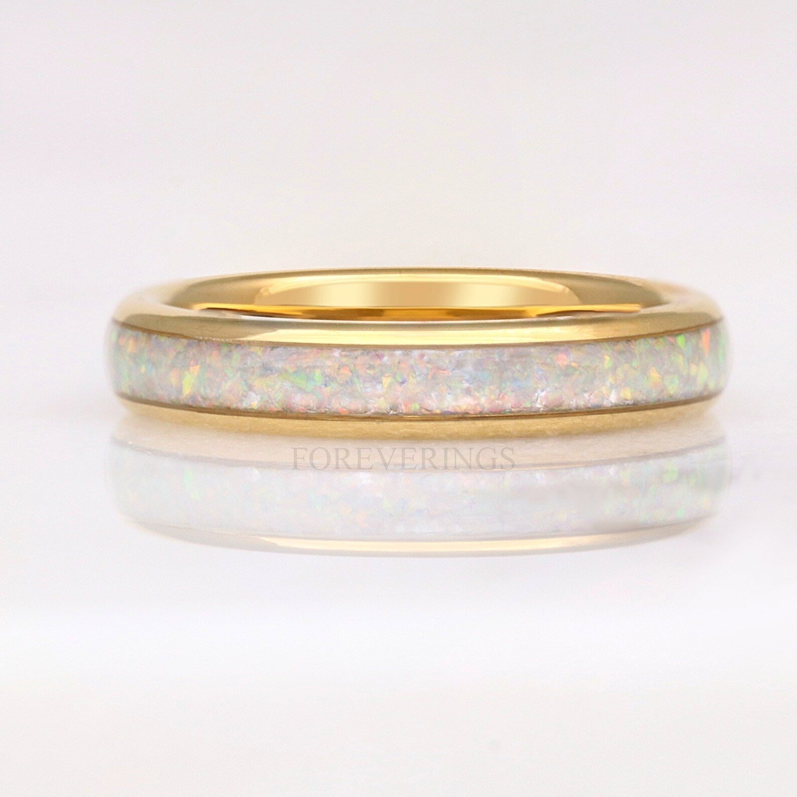 Gold Tungsten Wedding Band Set, His & Hers Crushed White Fire Opal Ring, 8mm & 4mm Couples Ring Set, Polish, Dome, Comfort Fit