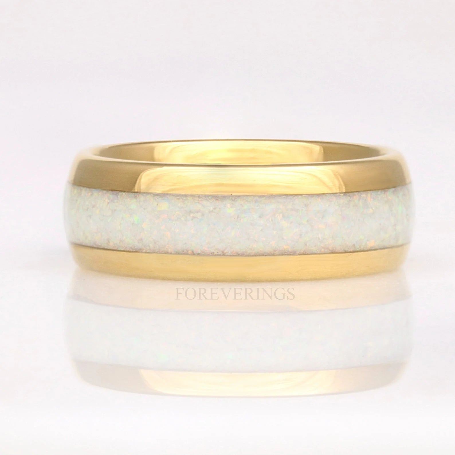 Gold Tungsten Wedding Band Set, His & Hers Crushed White Fire Opal Ring, 8mm & 4mm Couples Ring Set, Polish, Dome, Comfort Fit