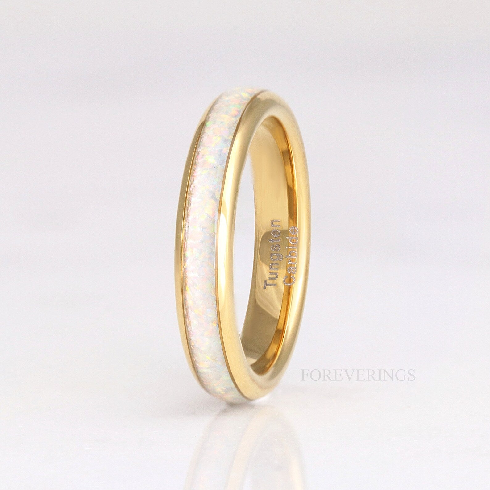 Gold Tungsten Wedding Band Set, His & Hers Crushed White Fire Opal Ring, 8mm & 4mm Couples Ring Set, Polish, Dome, Comfort Fit
