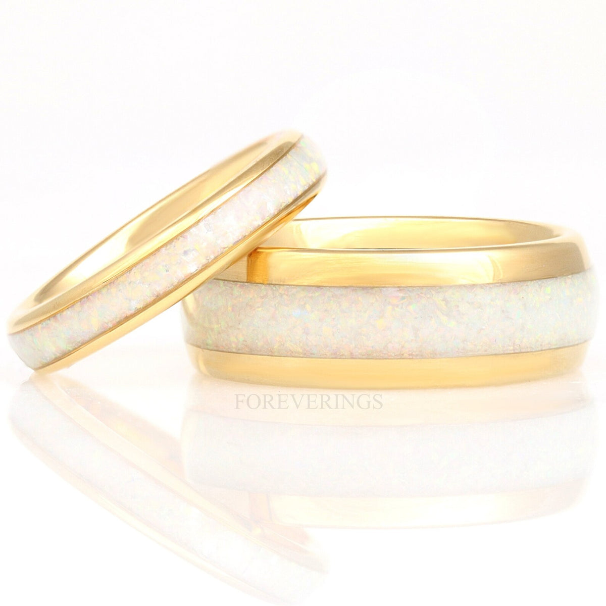 Matching gold tungsten couples ring set with crushed white fire opal inlay, 8mm and 4mm