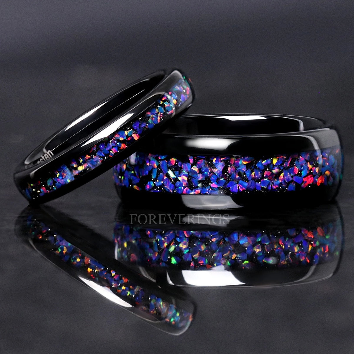 Matching black tungsten couples ring set with Van Gogh opal inlay, 8mm and 4mm