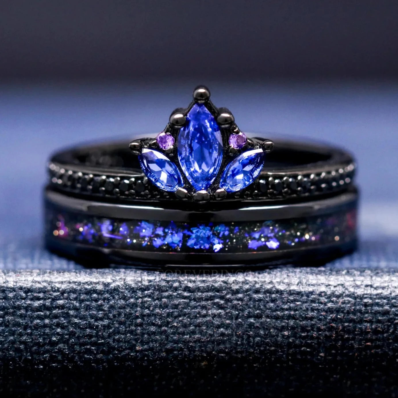 Blue Lotus Orion Nebula Wedding Ring Set, His and Hers Rings, Engagement Ring, Sapphire, Black Gold, Space Couple Ring, Ceramic & 925 Silver