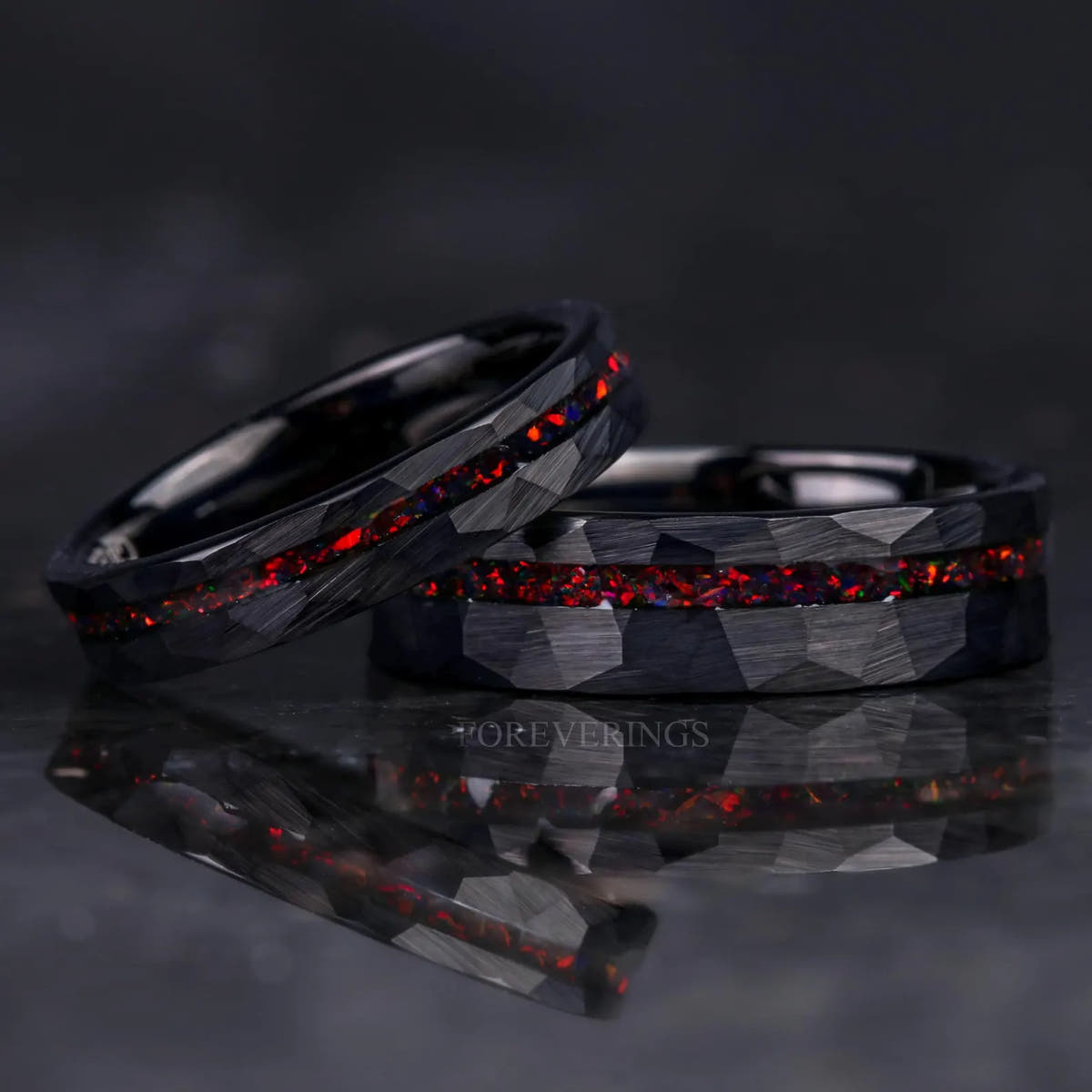 Matching black hammered tungsten couples ring set with black fire opal inlay, 6mm and 4mm