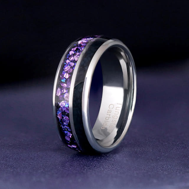 8mm silver tungsten band with alexandrite and black onyx inlay, standing angled to show the interior