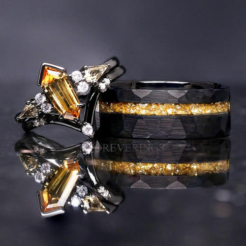 Matching black couples ring set with citrine, kite-cut engagement ring and 8mm hammered tungsten band
