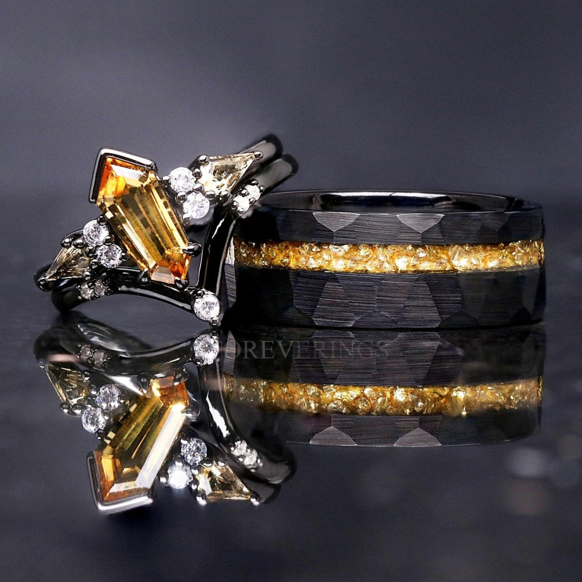 Matching black couples ring set with citrine, kite-cut engagement ring and 8mm hammered tungsten band