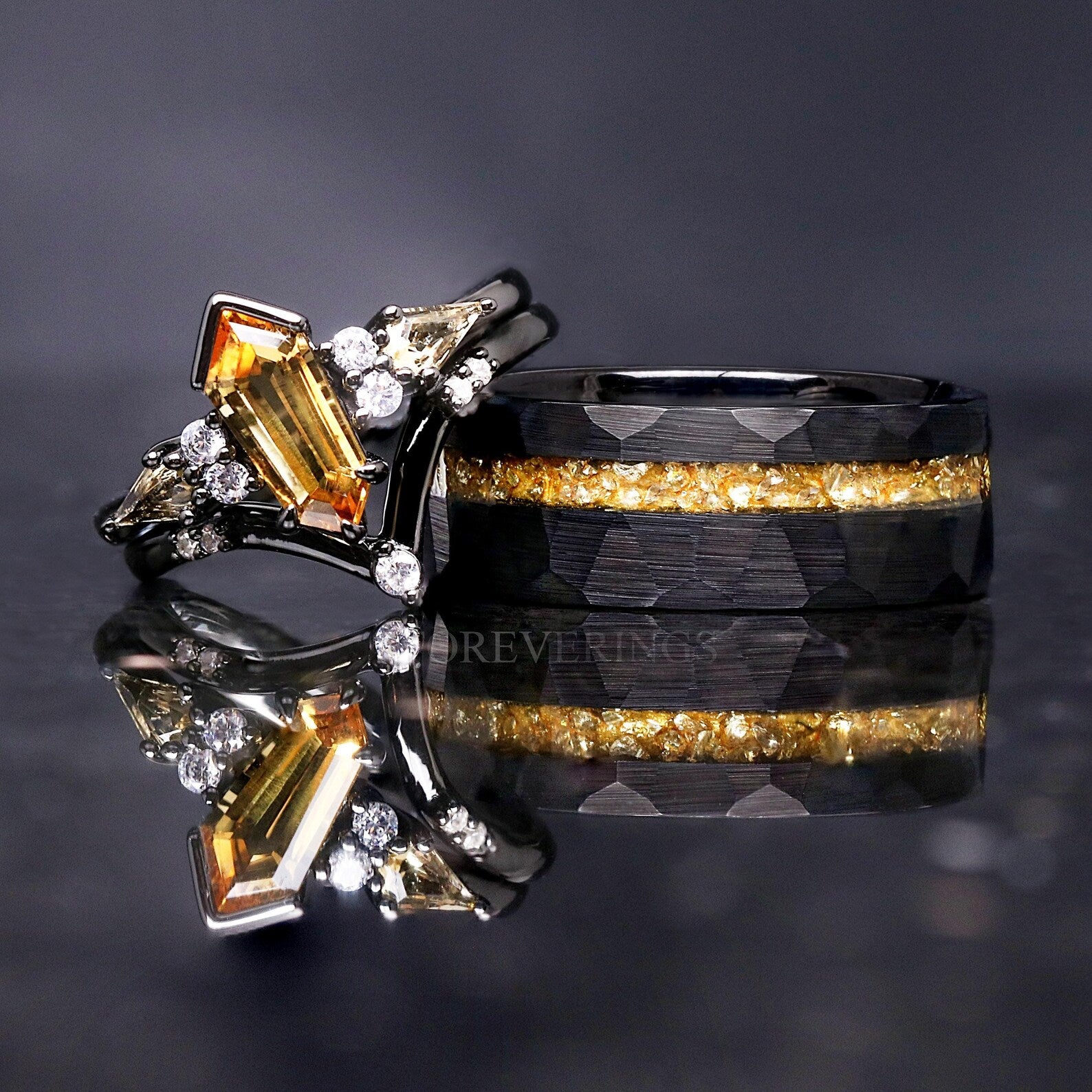 8mm Men Tungsten Wedding Band, Crushed Citrine Glass Stones, Black Tungsten Ring, Citrine Ring, Hammered, Flat, Comfort Fit