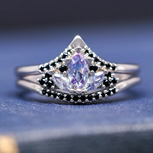 Sterling silver lotus bridal set with a marquise alexandrite and black accent stones