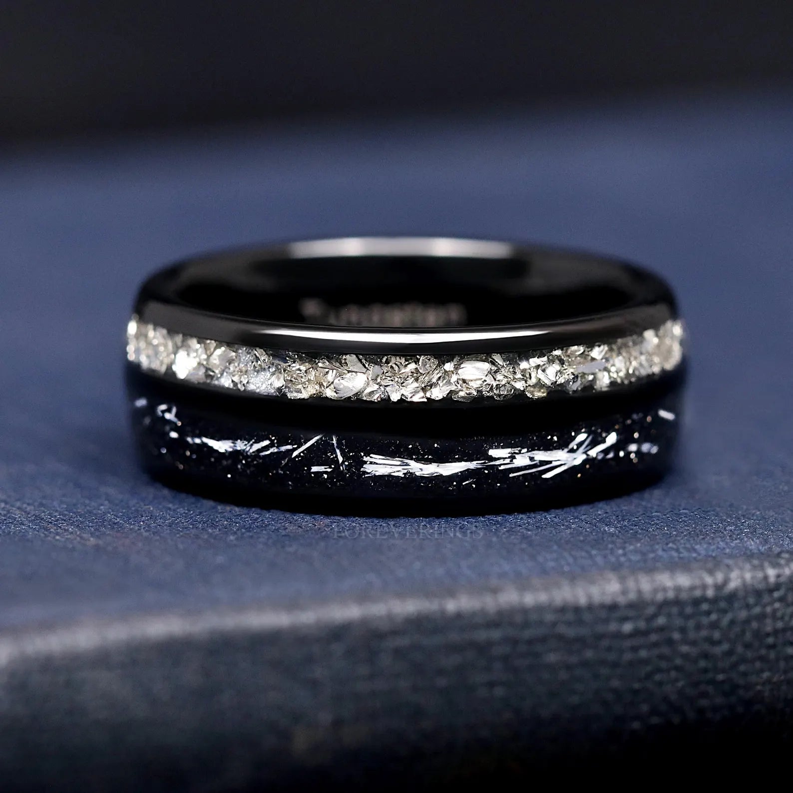 Diamond Black Tungsten Ring - Men Wedding Band, Silver Flake Inlay, Black Dust, Polish Dome, Unique Groom Ring for Him, Men Engagement Ring