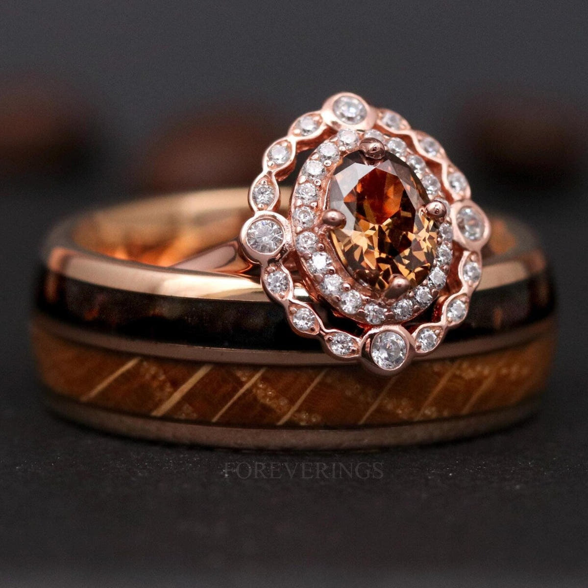 Matching rose gold couples ring set: oval smoky quartz engagement ring on an 8mm whiskey barrel band