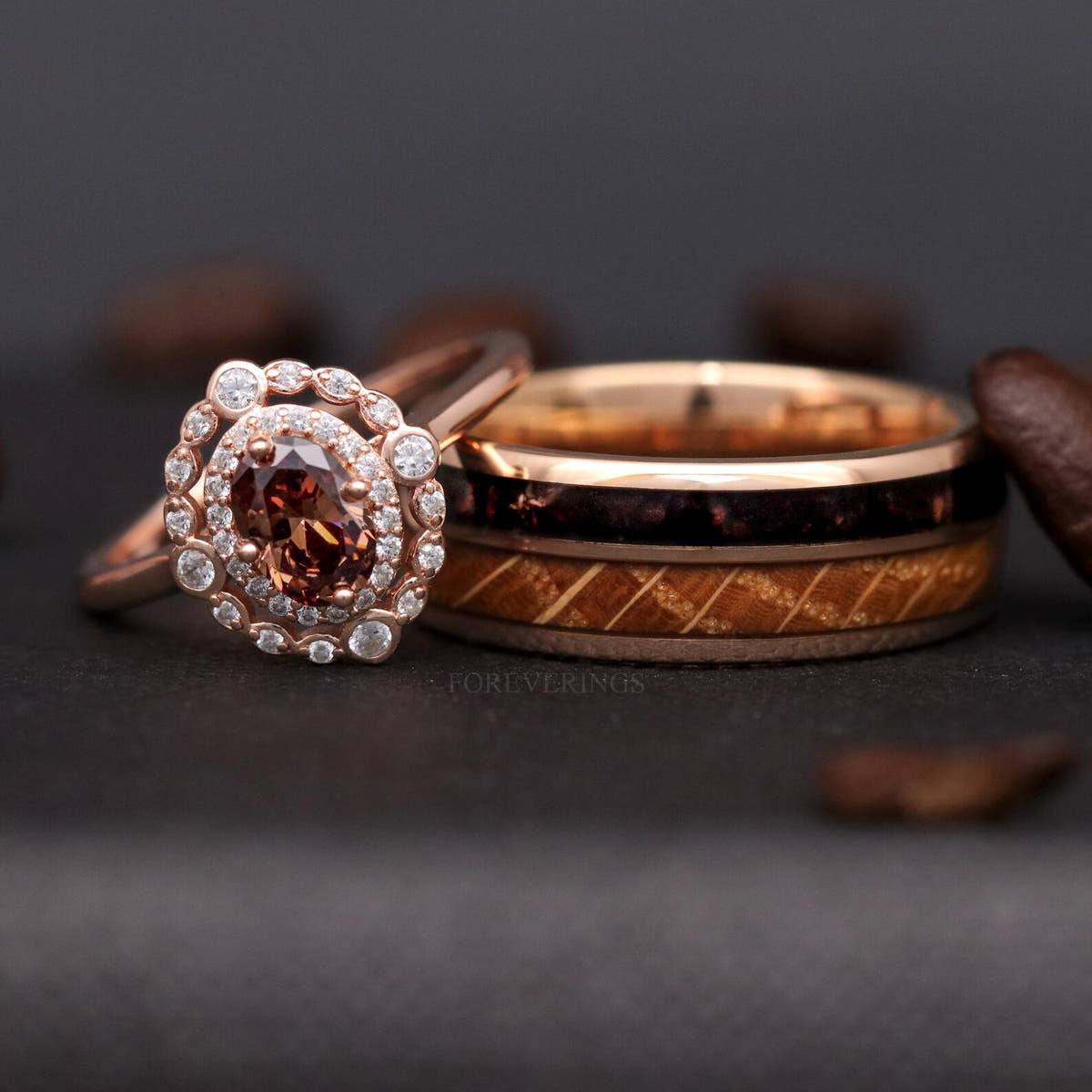 His and hers wedding ring set, the smoky quartz engagement ring leaning on the whiskey barrel band