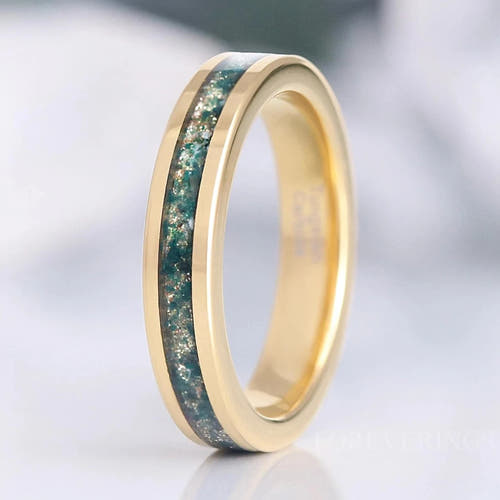 4mm gold tungsten ring with natural green moss agate inlay, standing at an angle