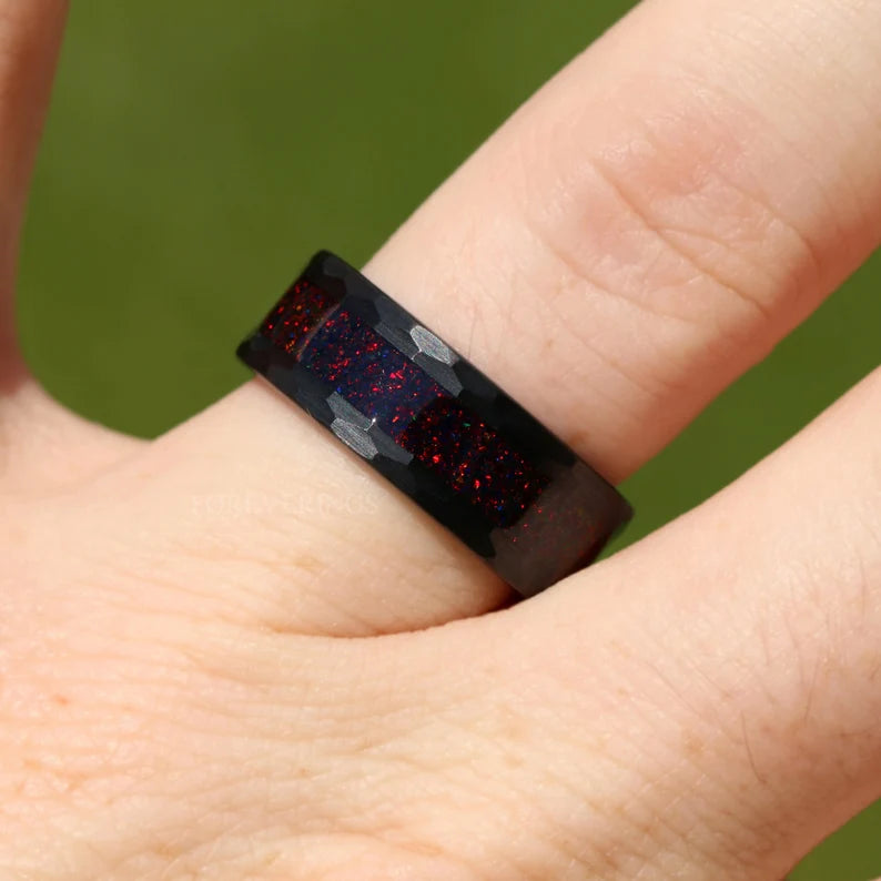 His and Hers Tungsten Wedding Band Set, Crushed Black Fire Opal, 8mm & 4mm Black Tungsten Rings, Hammer, Flat, Matte Brushed, Comfort Fit