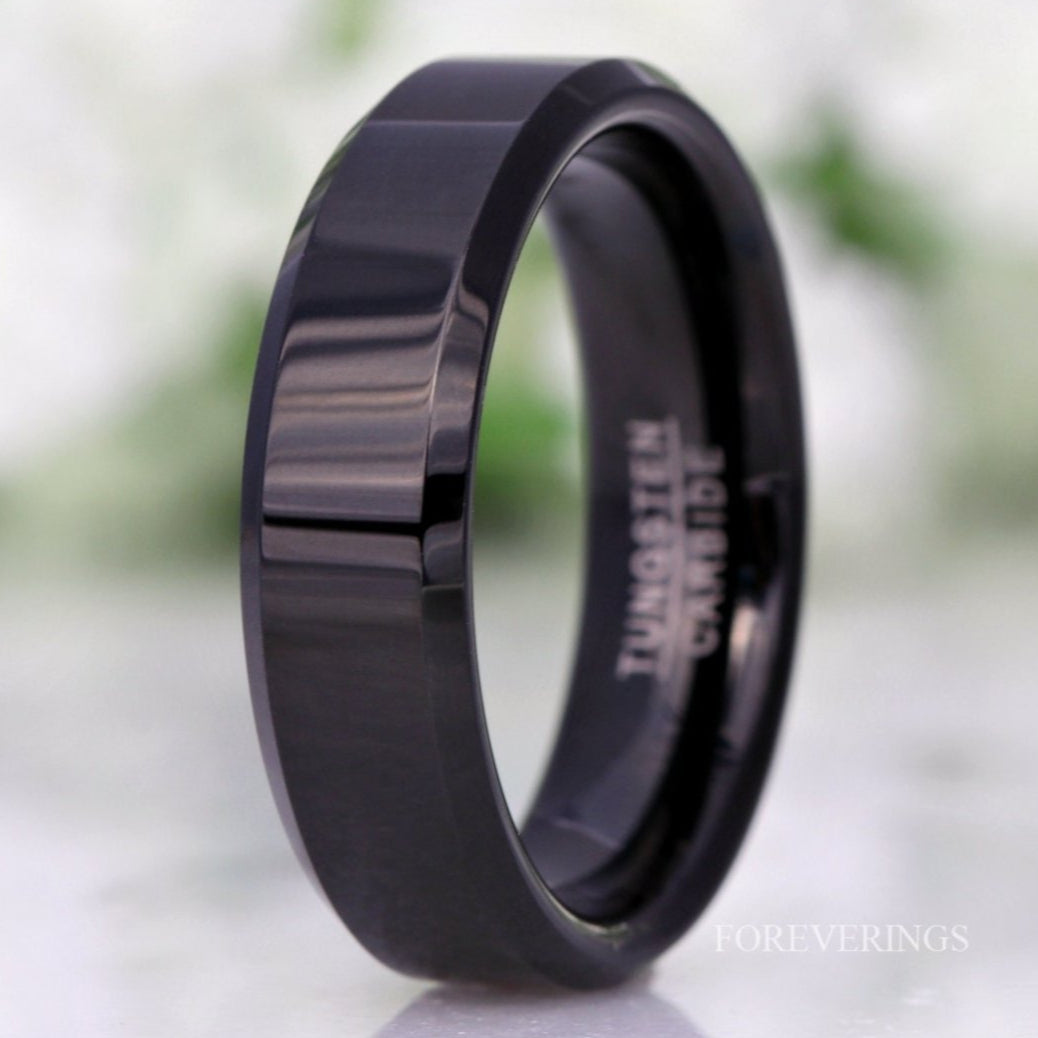 Simple Black Tungsten Ring, 6mm Man Woman Wedding Band, Flat, Beveled, Polished, Black Promise Ring, Anniversary Ring, Ring Engraving