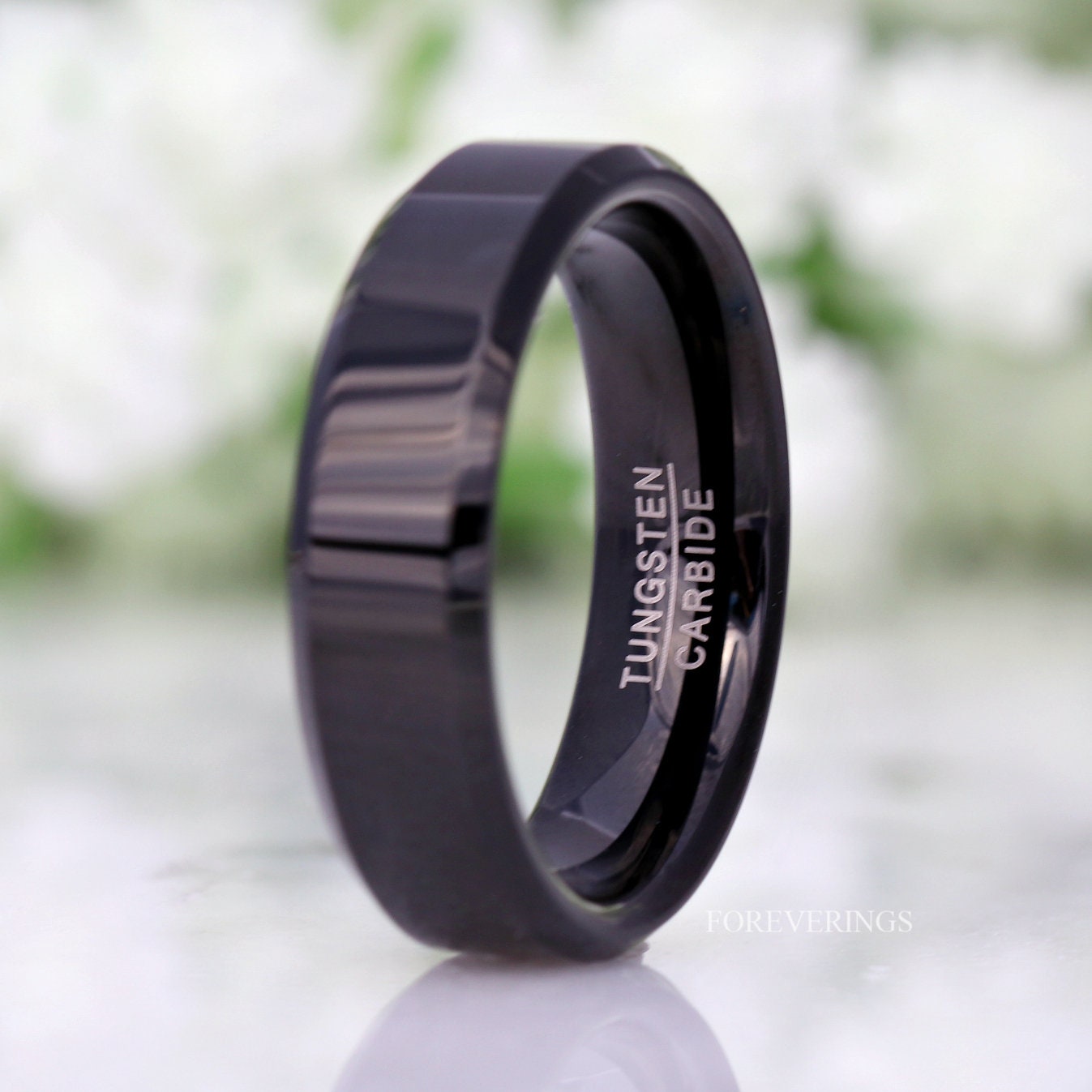 Simple Black Tungsten Ring, 6mm Man Woman Wedding Band, Flat, Beveled, Polished, Black Promise Ring, Anniversary Ring, Ring Engraving