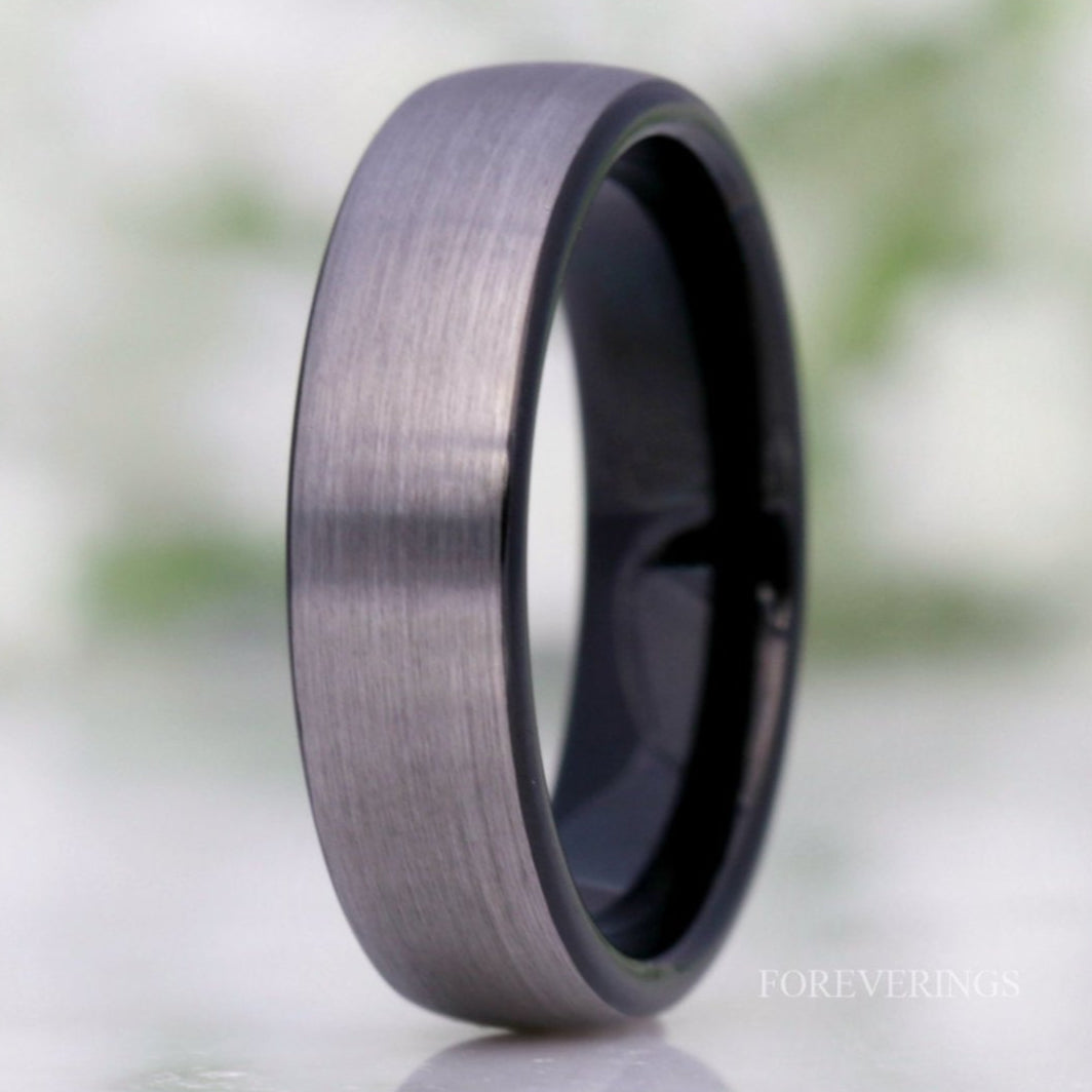 Silver Black Two Tone Ring, Mens Wedding Band, 6mm Tungsten Ring, Brushed Matte Ring, Simple Two Tone Ring, Ring Engraving