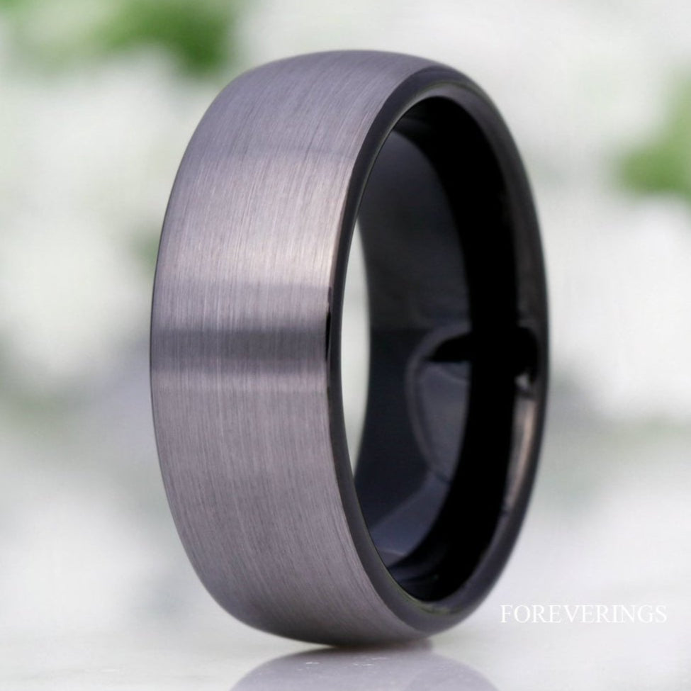 Men's 8mm brushed silver tungsten wedding band with black interior, domed