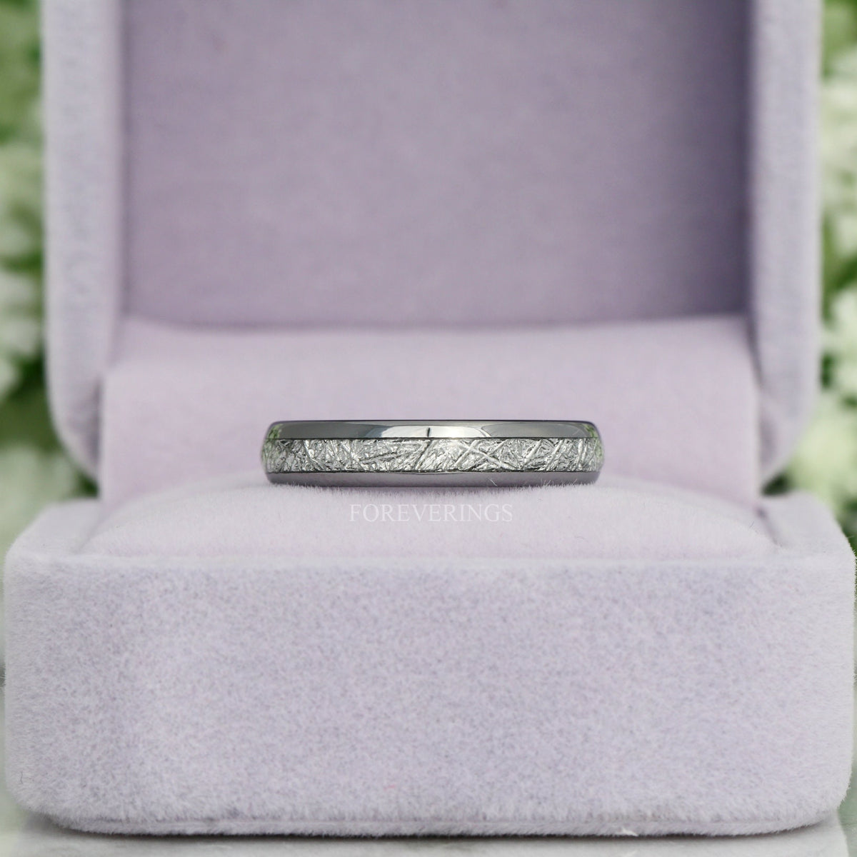 4mm silver tungsten meteorite-look band in a light gray ring box
