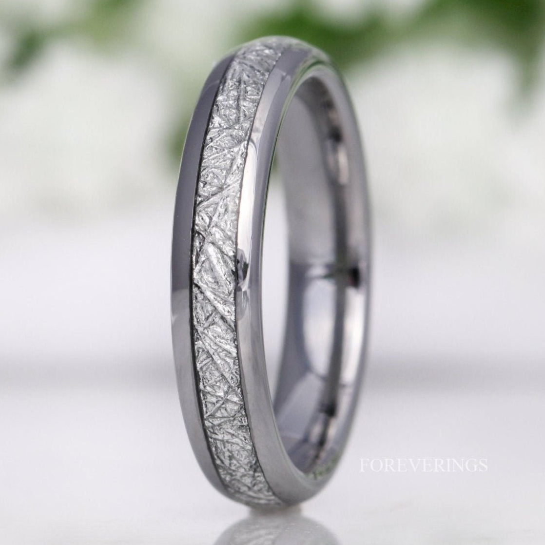 4mm silver tungsten band with meteorite-look inlay, polished dome