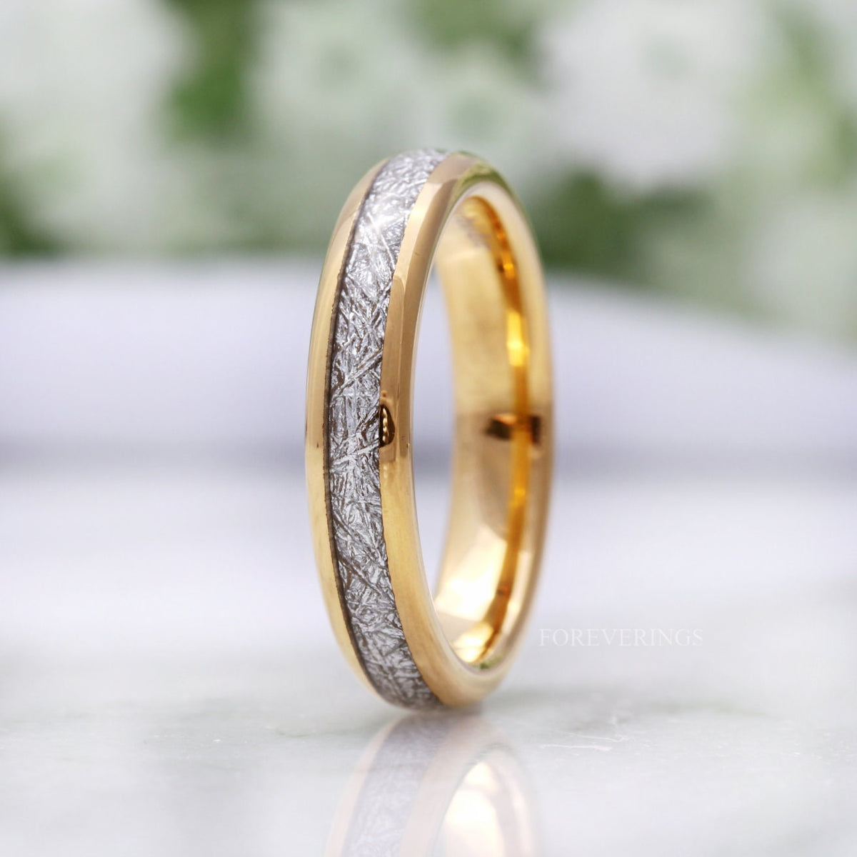 4mm gold tungsten meteorite-look band standing on edge, wider side view
