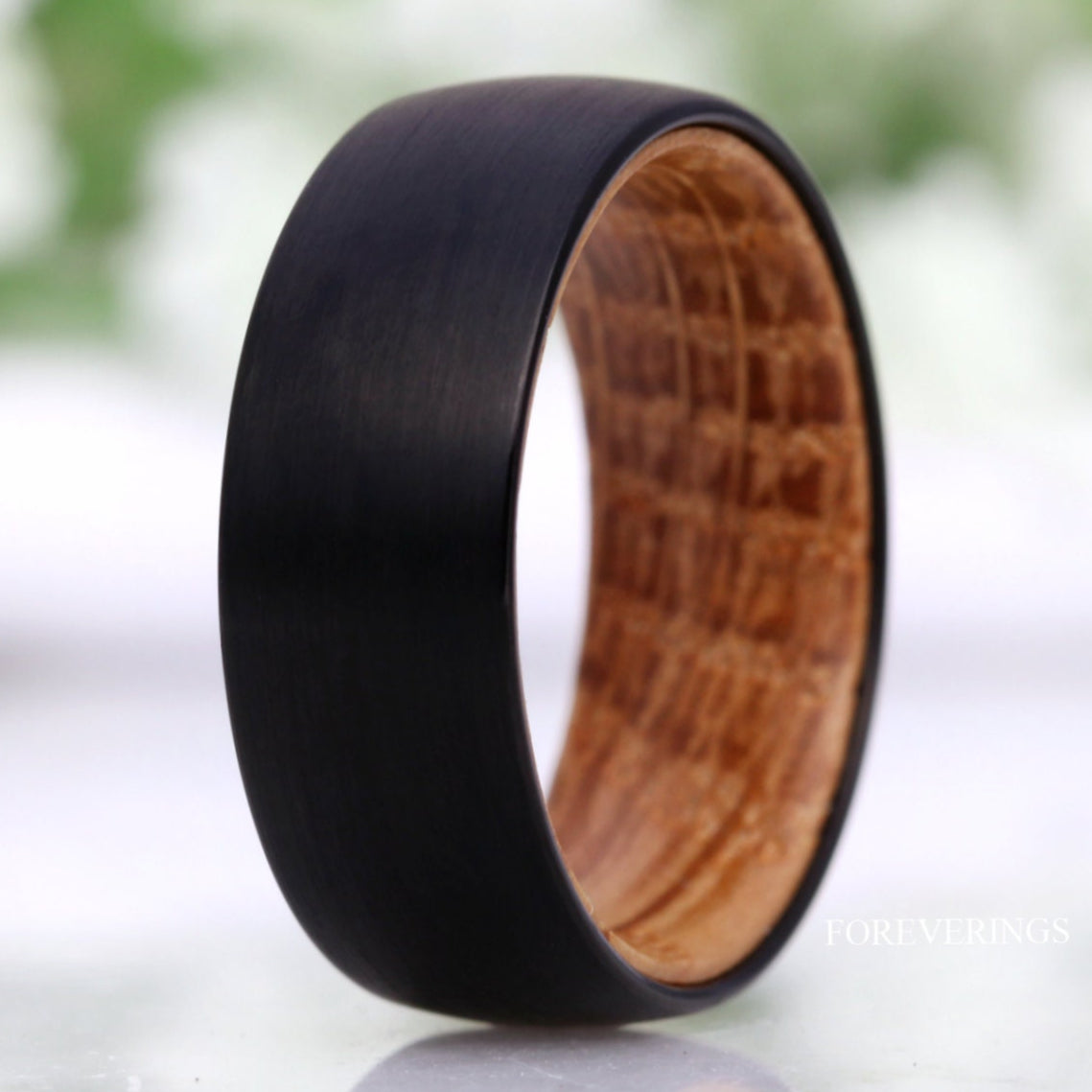 Whiskey Barrel Ring, Men Tungsten Wedding Band, 8mm-6mm Wood Ring, Matte Brushed, Black, Comfort Fit, Domed, Birthday Anniversary Gift