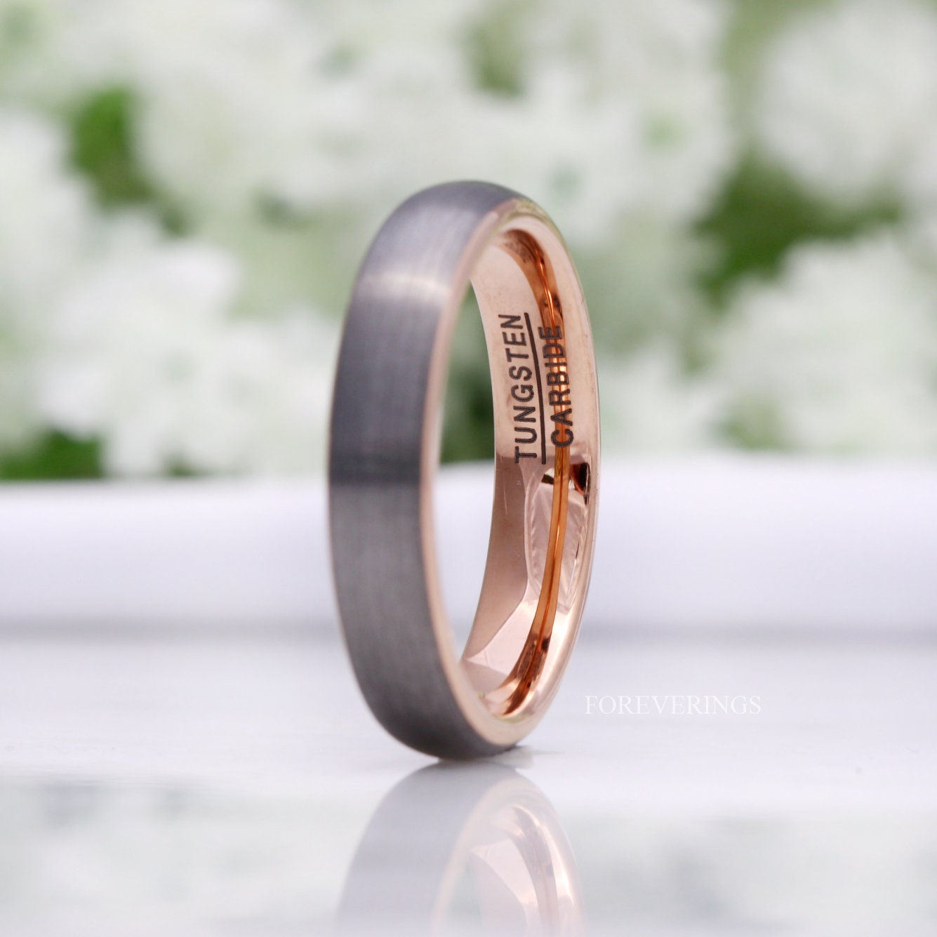 Tungsten Wedding Band Set, His and Hers Rings, 8mm / 4mm Band, Rose Gold Plated Ring, Mens Womens Ring, Comfort Fit, Brushed, Couples Ring
