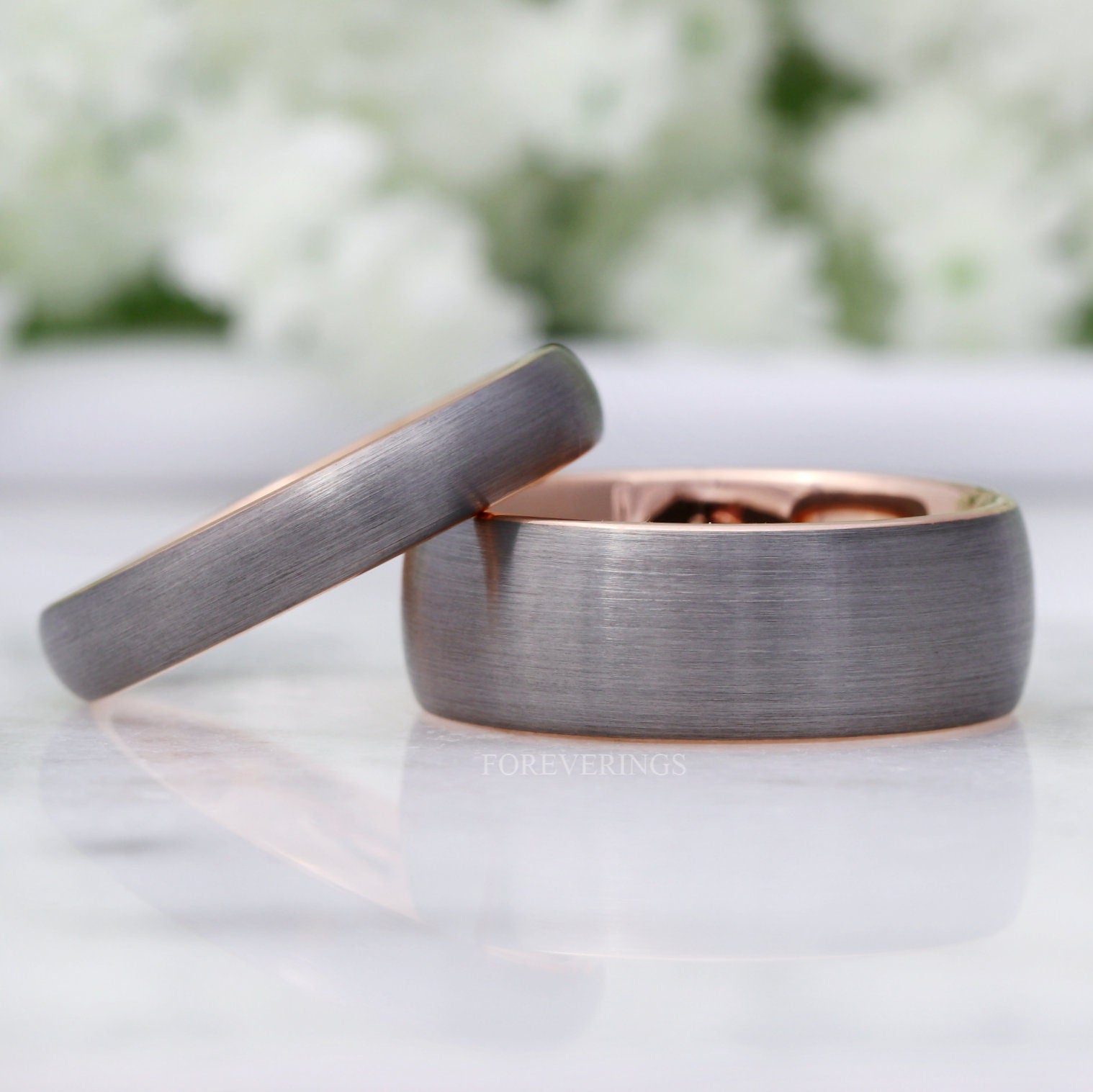 Tungsten Wedding Band Set, His and Hers Rings, 8mm / 4mm Band, Rose Gold Plated Ring, Mens Womens Ring, Comfort Fit, Brushed, Couples Ring