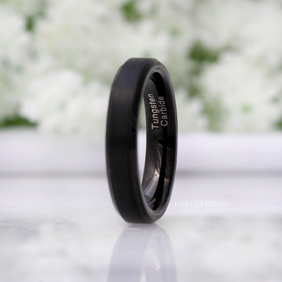 4mm black tungsten band with a brushed finish, standing upright