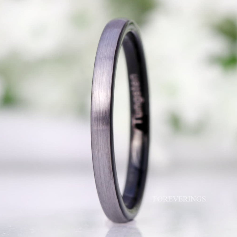 2mm two-tone tungsten wedding band, matte silver outside and black inside, standing upright
