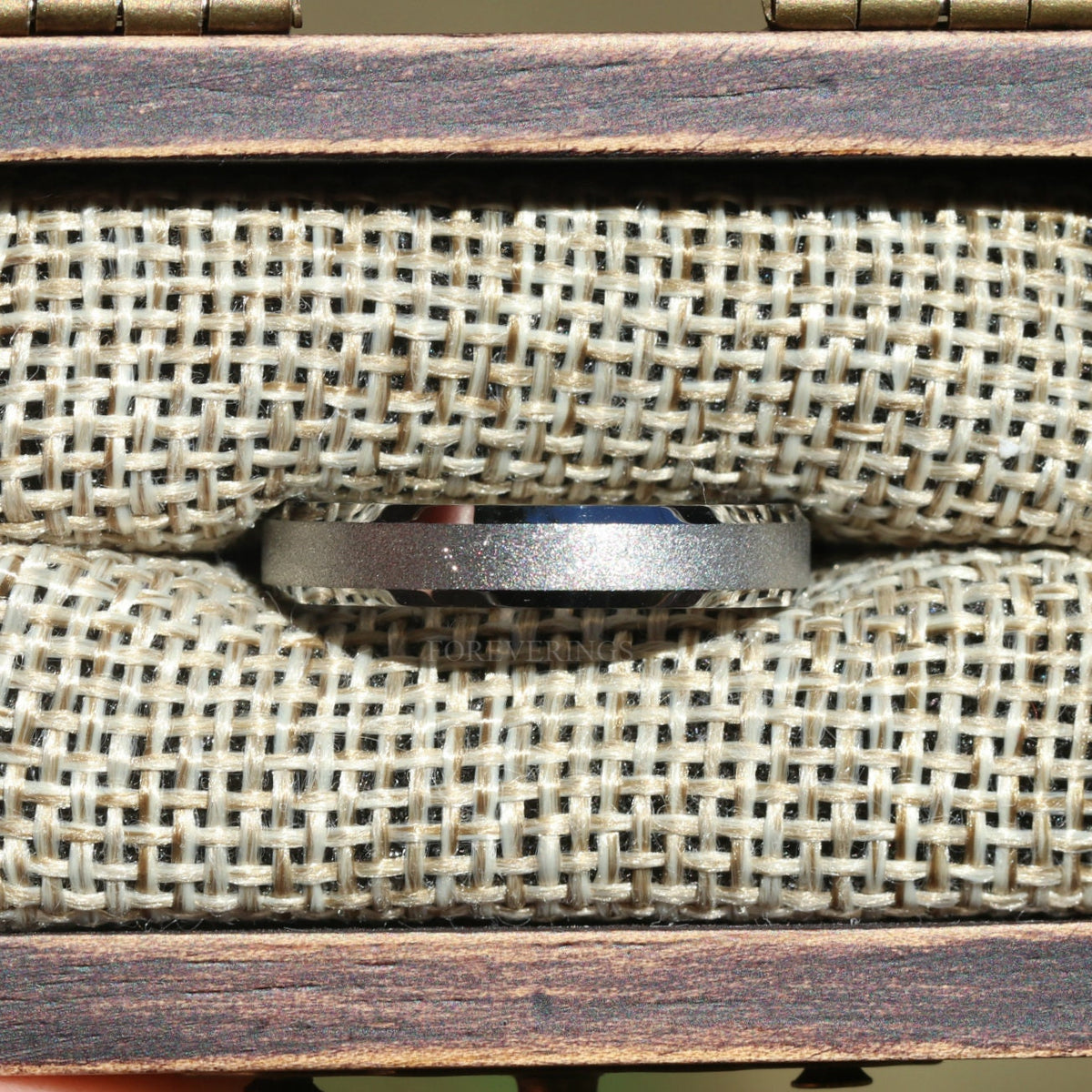 4mm silver sandblasted tungsten ring in a rustic wood ring box with burlap insert