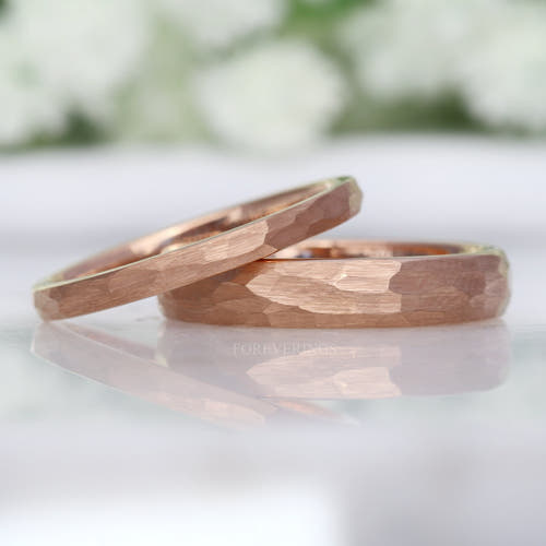 Hammered rose gold tungsten bands in 2mm and 4mm widths shown together