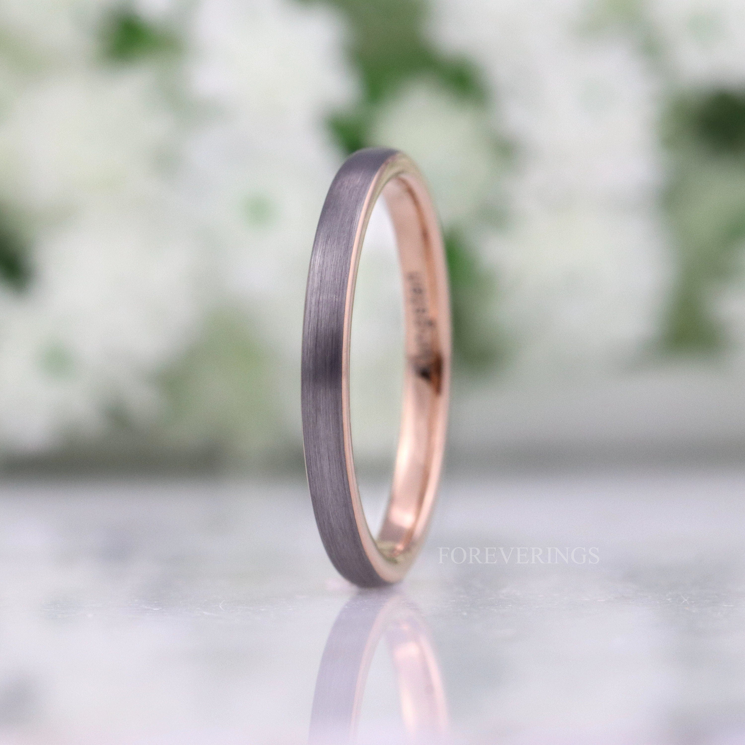 His and Hers Tungsten Wedding Band Set, Couples Rings, 2mm & 8mm, Men Women Ring, Comfort Fit, Brushed Matte, Smooth, Rose Gold Plated Band