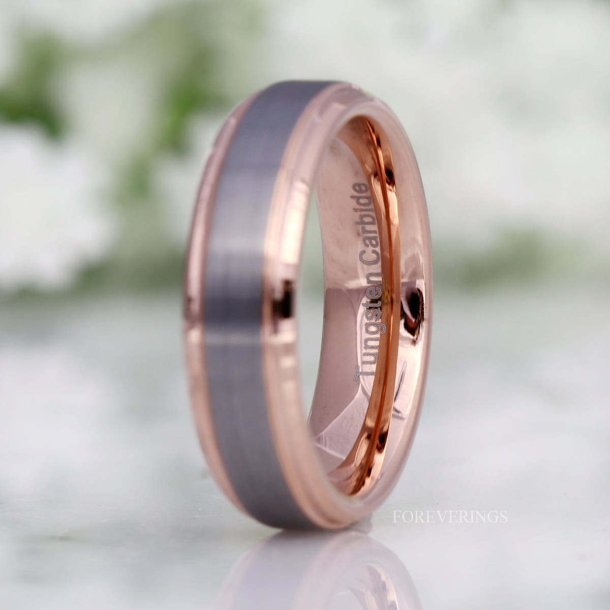 His 6mm brushed silver tungsten band with rose gold interior and stepped rose gold edges