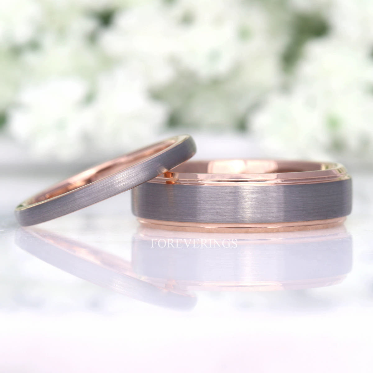 Matching two-tone silver and rose gold tungsten couples ring set, 6mm and 2mm, brushed finish