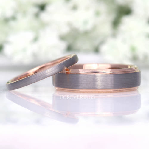 Matching two-tone silver and rose gold tungsten couples ring set, 6mm and 2mm, brushed finish