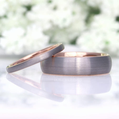Matching two-tone tungsten couples ring set, brushed silver with rose gold inside, 6mm and 2mm