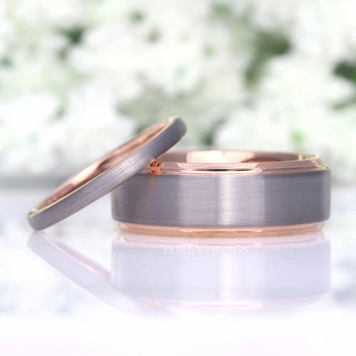 Matching silver and rose gold tungsten couples ring set, 8mm and 2mm, matte finish
