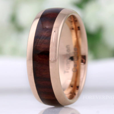 Men's 8mm rose gold tungsten wedding band with koa wood inlay, polished dome finish