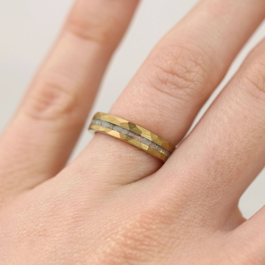 White Fire Opal | Hammered Tungsten Band in Rose or Yellow Gold