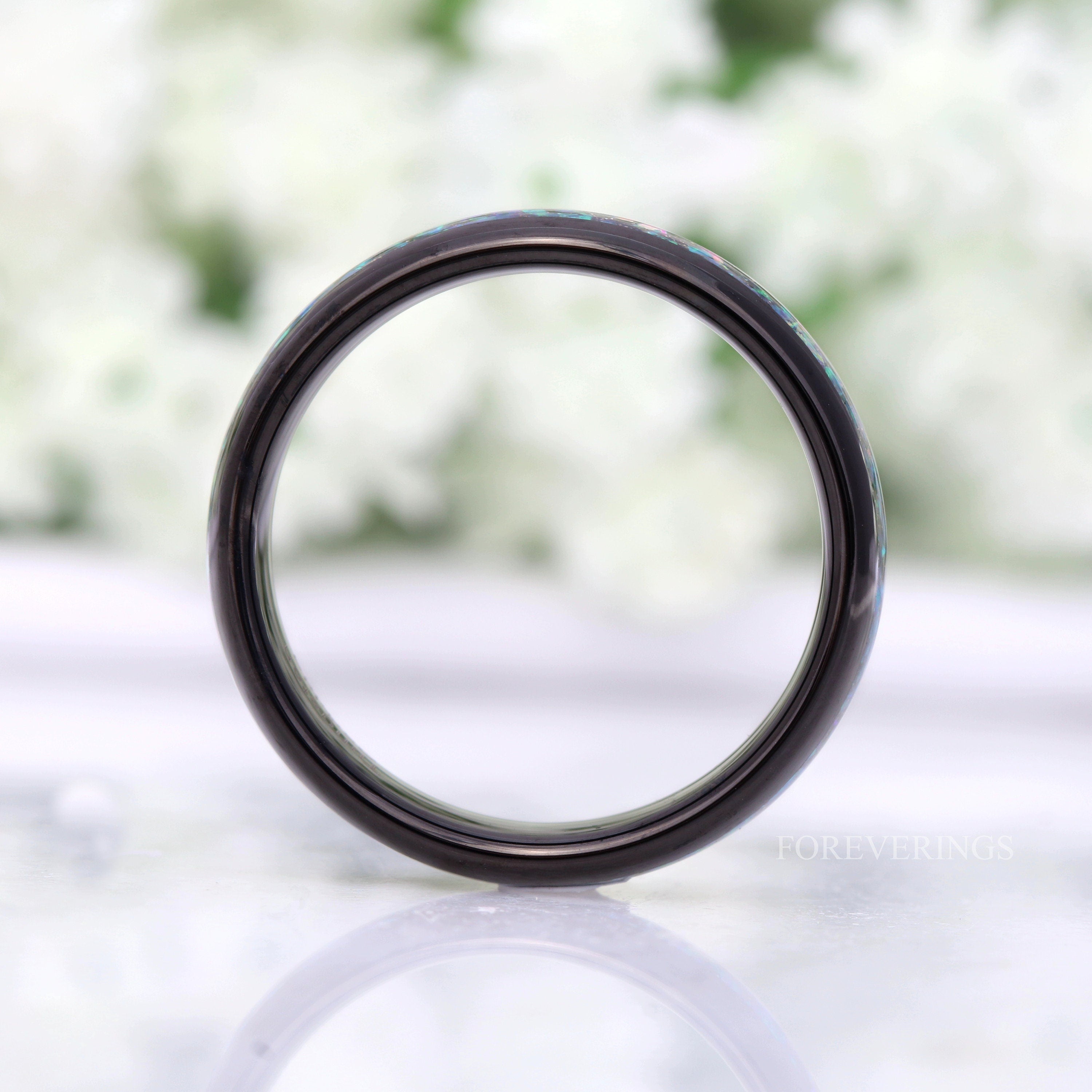 Galaxy Opal Ring, Black Tungsten Wedding Band, 6mm Band, Men Women Ring, Domed, Polished, Comfort Fit, Birthday Anniversary Gift for Him