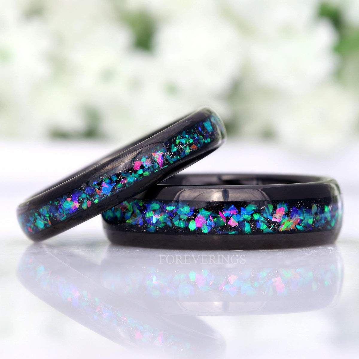 Matching black tungsten couples ring set with galaxy opal inlay, 6mm and 4mm